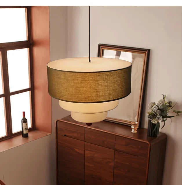 Polara - Boho-Hängeleuchte aus Stoff in Grün/Beige mit Holz-