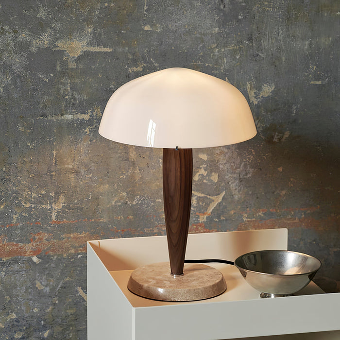Mesalux - Elegante Tischlampe aus Glas & Walnuss mit Marmor