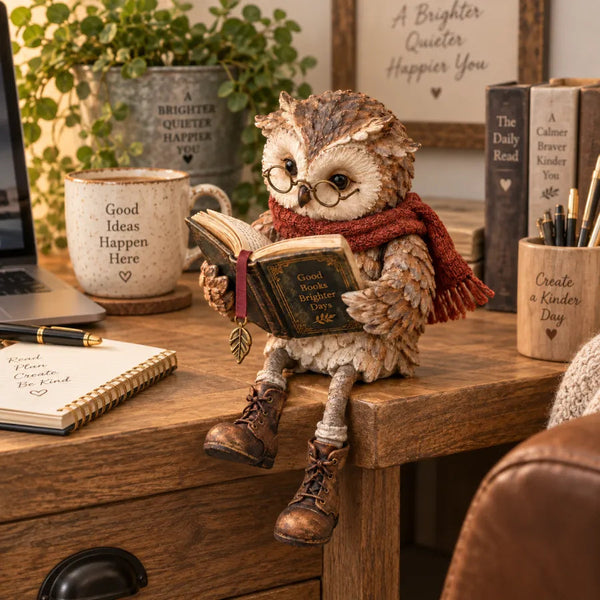 Lesevia – Lesende Eulenfigur mit Buch und runder Brille