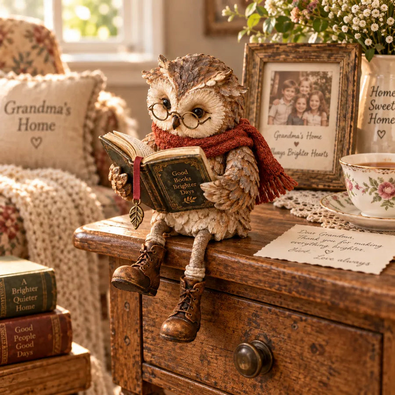 Lesevia – Lesende Eulenfigur mit Buch und runder Brille