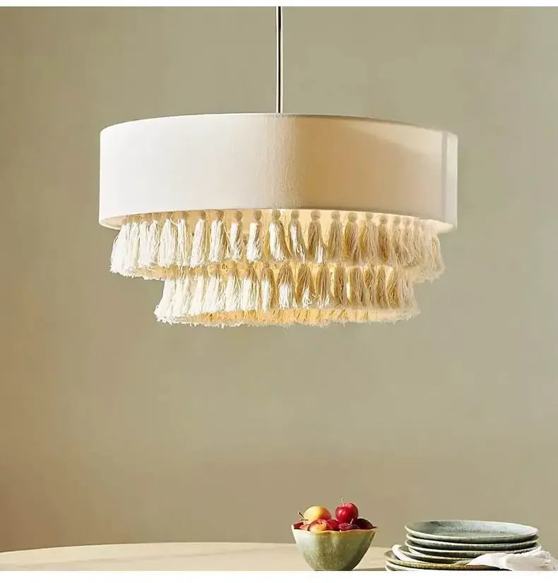 Boho - Wabi Sabi Stoff-Pendelleuchte mit Fransen