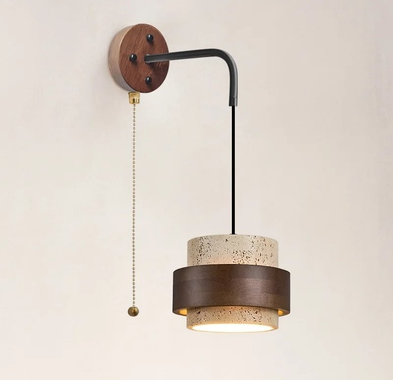 Lumera - Wandleuchte aus Travertin und Holz mit Zugschalter