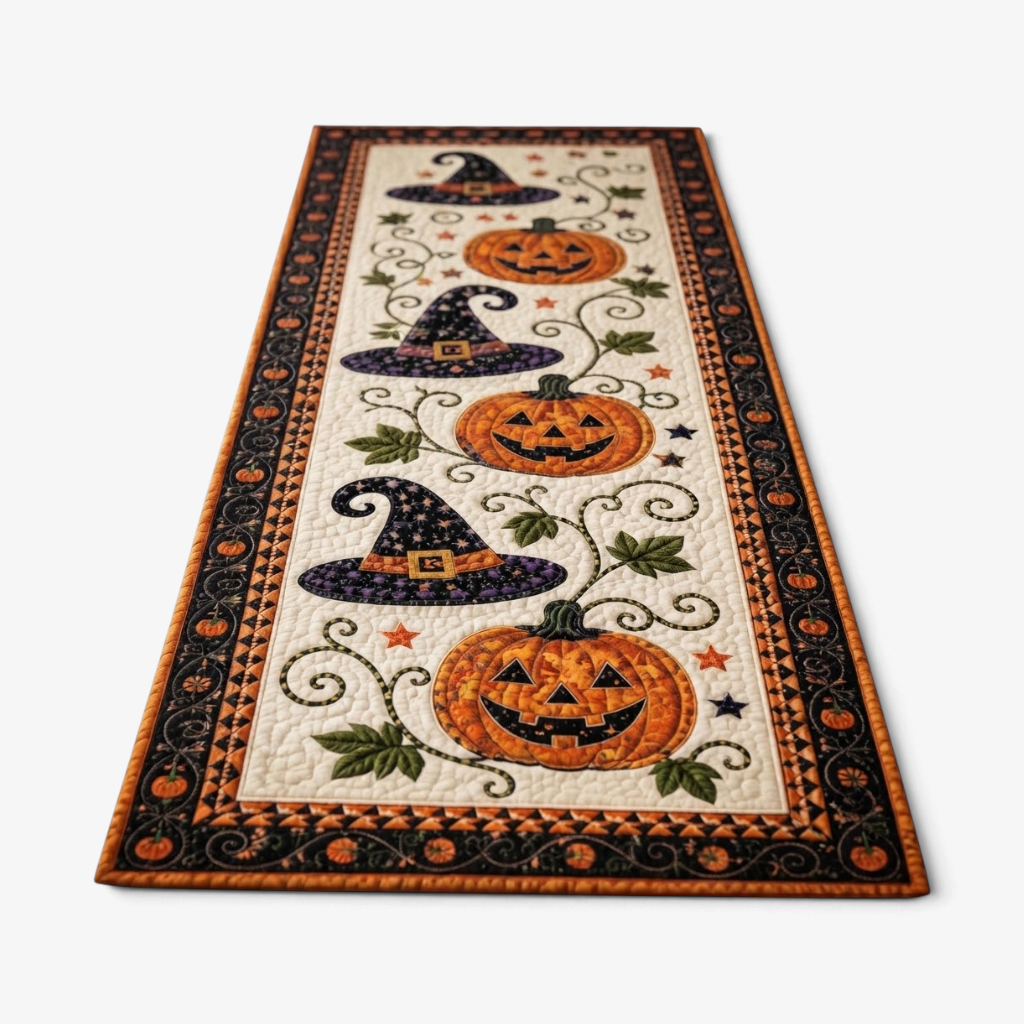 PumpkinDecor - Halloween-Tischläufer mit Kürbissen und Hexenhüten