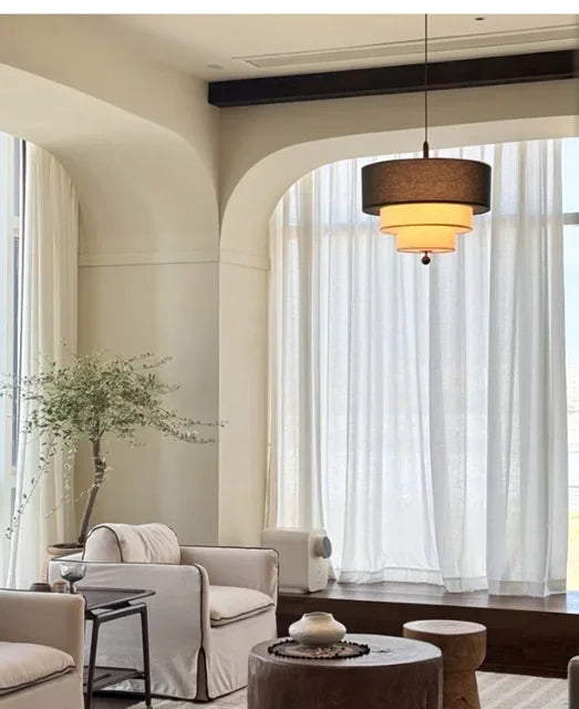 Polara - Boho-Hängeleuchte aus Stoff in Grün/Beige mit Holz-
