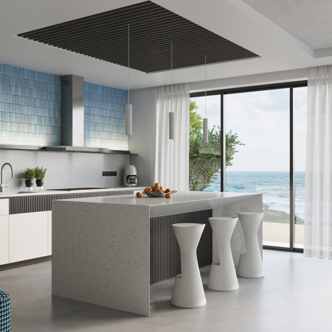 Polara - Weiße 3-flammige Pendelleuchte mit geriffelten