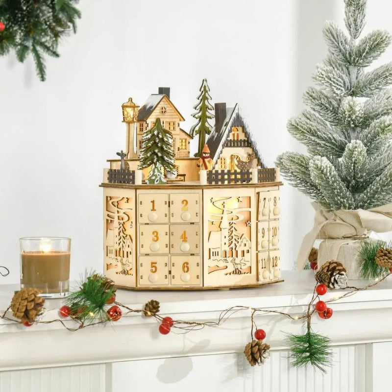 HearthGlow - Adventskalender aus Holz mit Hausdesign und LED-Licht