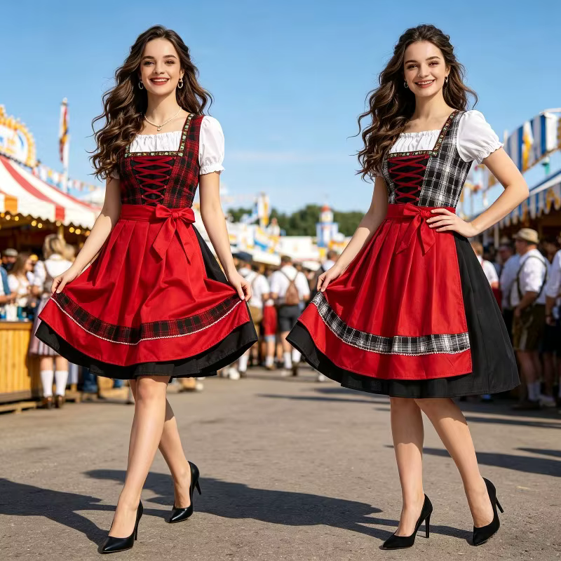 Damen Dirndlkleid mit kariertem Mieder und Puffärmeln