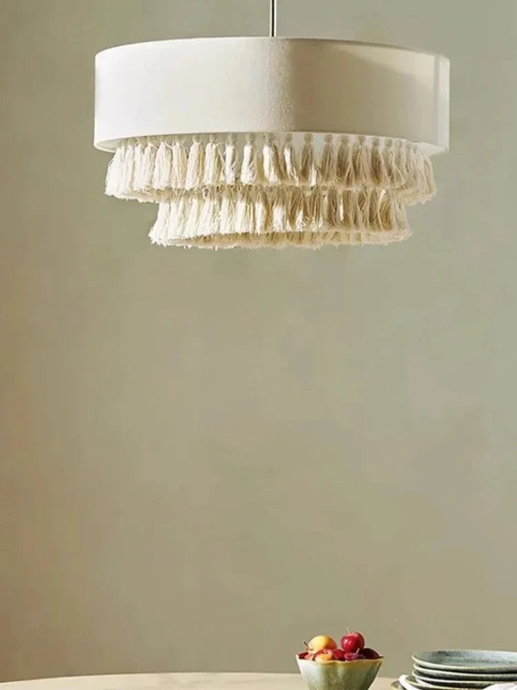 Boho - Wabi Sabi Stoff-Pendelleuchte mit Fransen