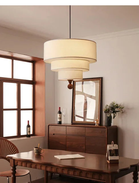 Polara - Boho-Hängeleuchte aus Stoff in Grün/Beige mit Holz-