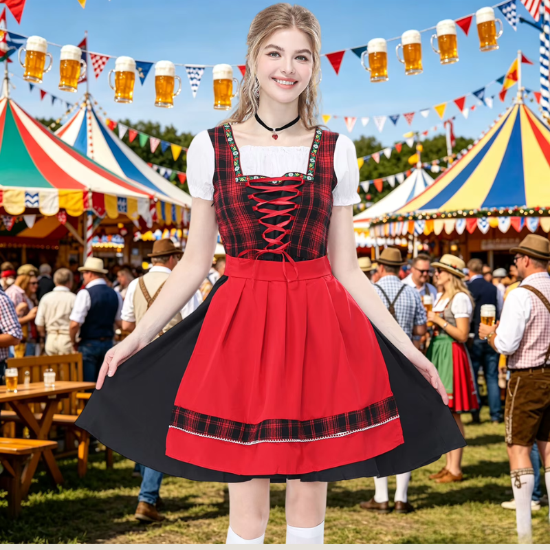 Damen Dirndlkleid mit kariertem Mieder und Puffärmeln