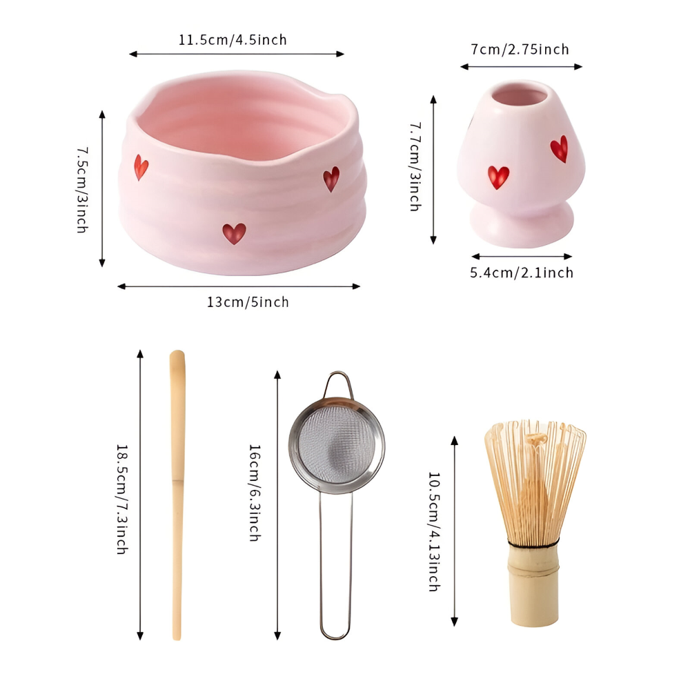 5-teiliges Matcha Set Rosa Herz – Japanisches Teeset mit Schale, Bambusbesen, Halter & Sieb