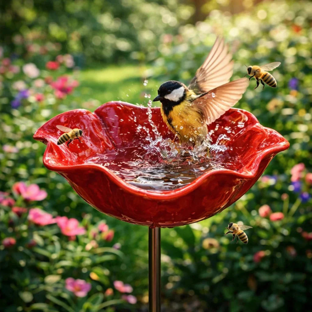 FeatherBloom - Roter Vogelfutterautomat mit Wasserschale