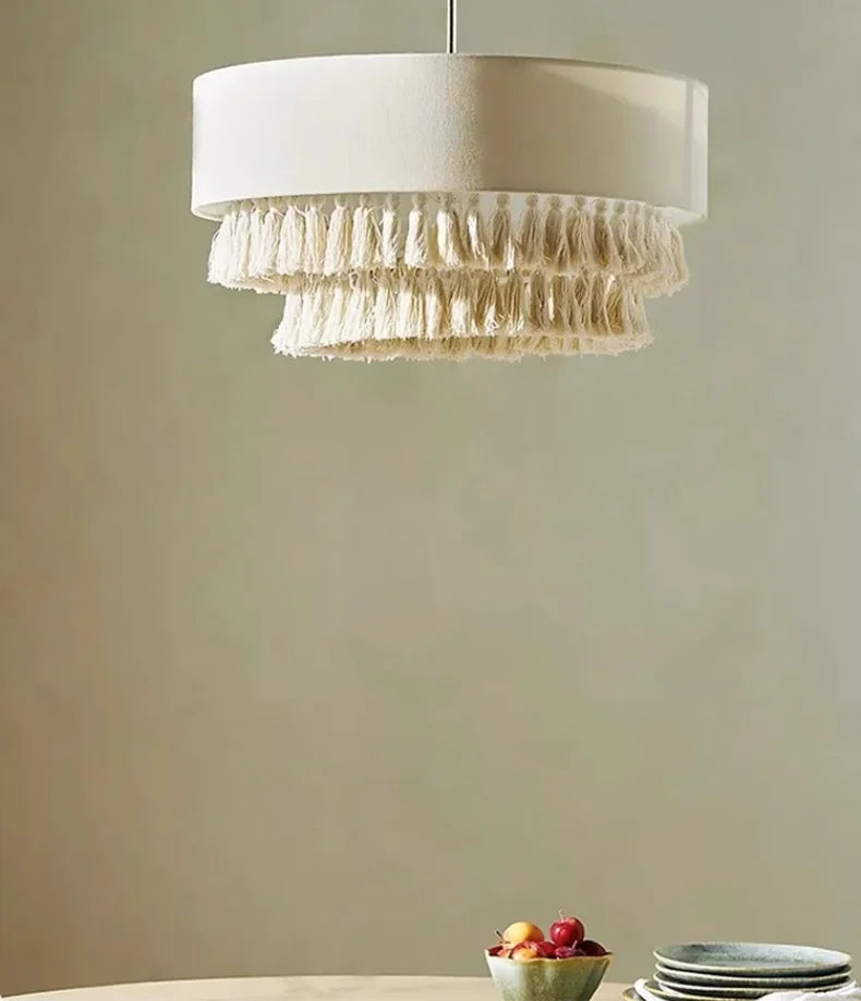 Boho - Wabi Sabi Stoff-Pendelleuchte mit Fransen