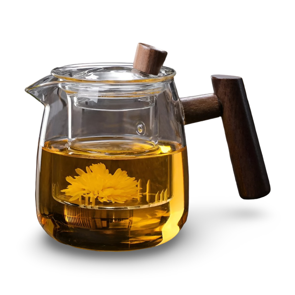 600ml Glas-Teekanne mit Holzgriff - Borosilikatglas, Rauchgrau