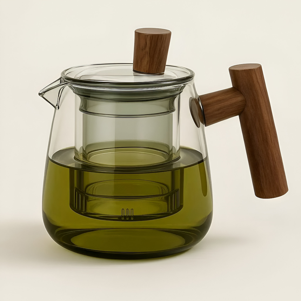 600ml Glas-Teekanne mit Holzgriff - Borosilikatglas, Rauchgrau