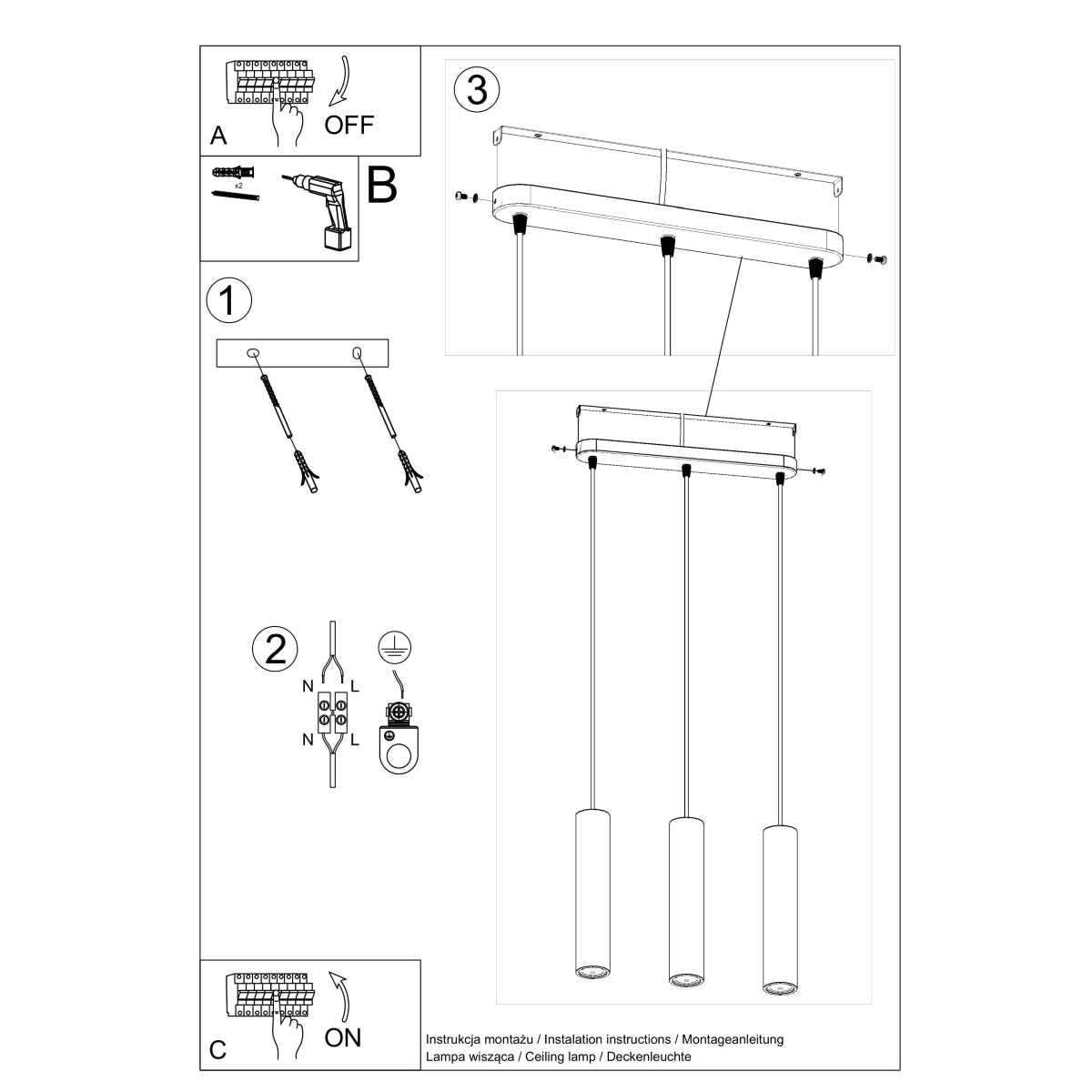 GU10 - Beton-Pendelleuchte GU10, 3-flammig, grau