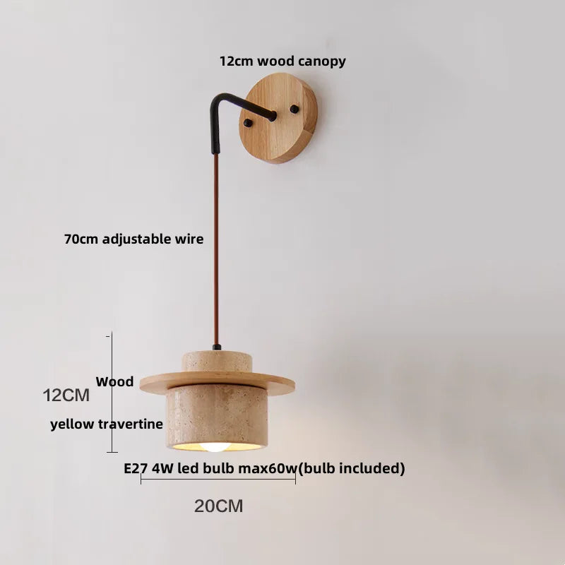 Lumera - Wandleuchte aus Travertin und Holz mit Zugschalter