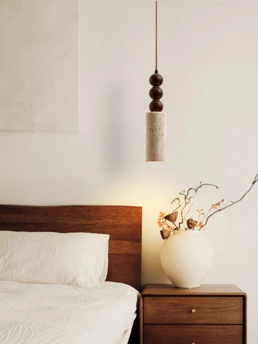Wabi - Sabi Pendelleuchte aus Travertin und Holz