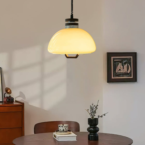 Halona - Pudding-Pendelleuchte aus Glas, Metall und Holz