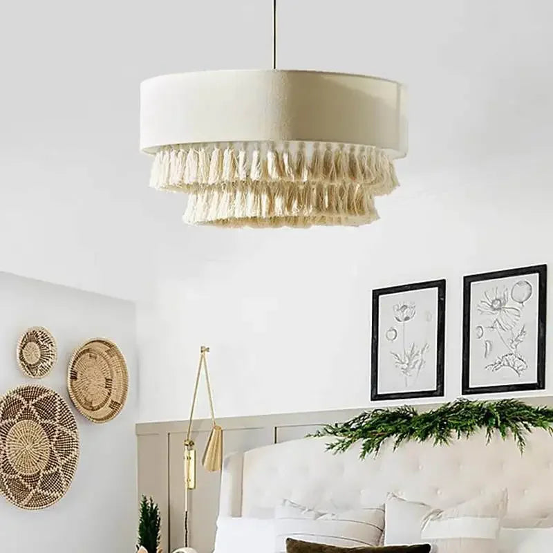 Boho - Wabi Sabi Stoff-Pendelleuchte mit Fransen