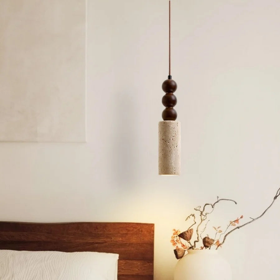 Wabi - Sabi Pendelleuchte aus Travertin und Holz