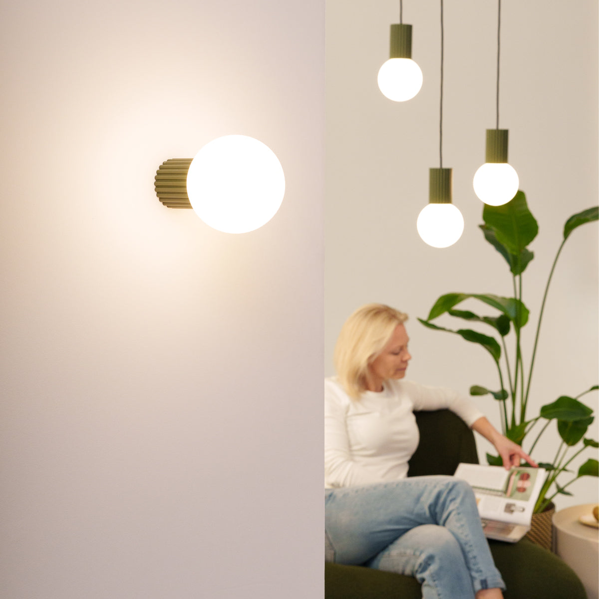 Olivgrüne - G9-Pendelleuchte mit mattiertem Glaskolben