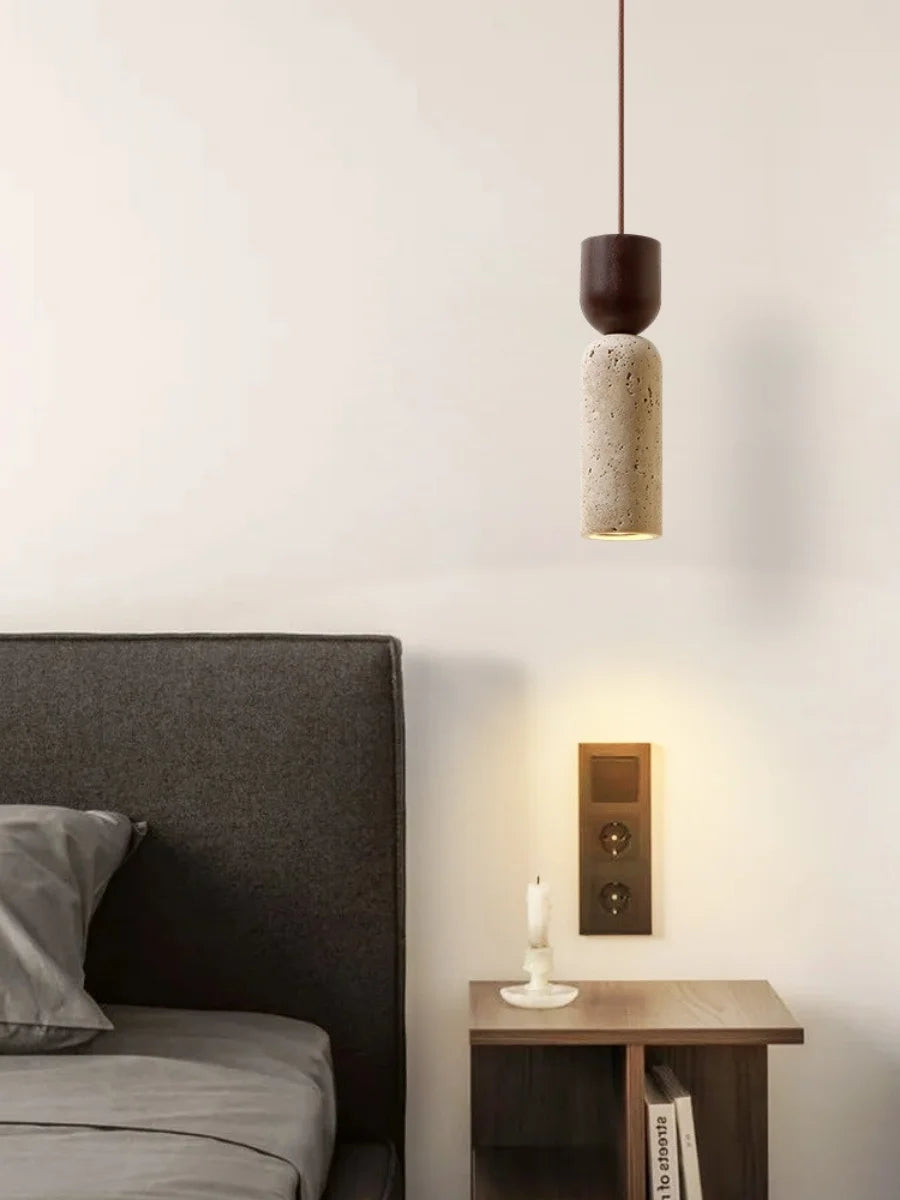 Wabi - Sabi Pendelleuchte aus Travertin und Holz