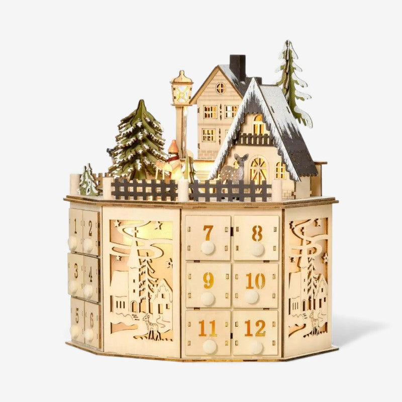 HearthGlow - Adventskalender aus Holz mit Hausdesign und LED-Licht