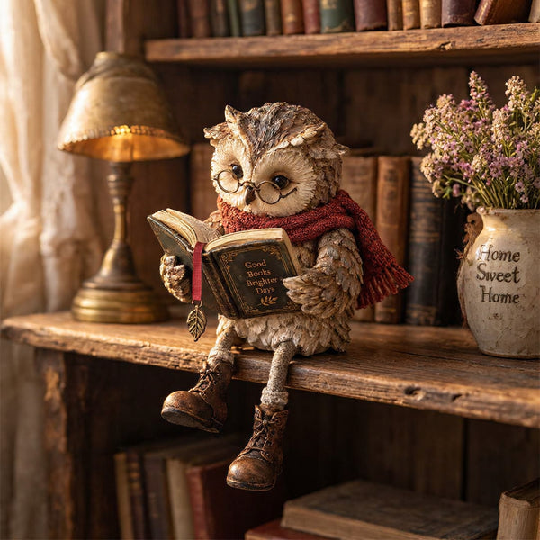 Lesevia – Lesende Eulenfigur mit Buch und runder Brille