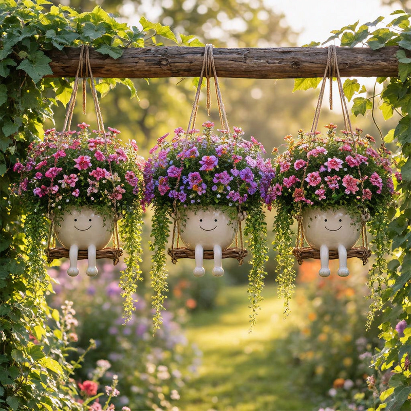 Florawipp – Schwingstuhl-Blumentopf mit Smiley-Detail