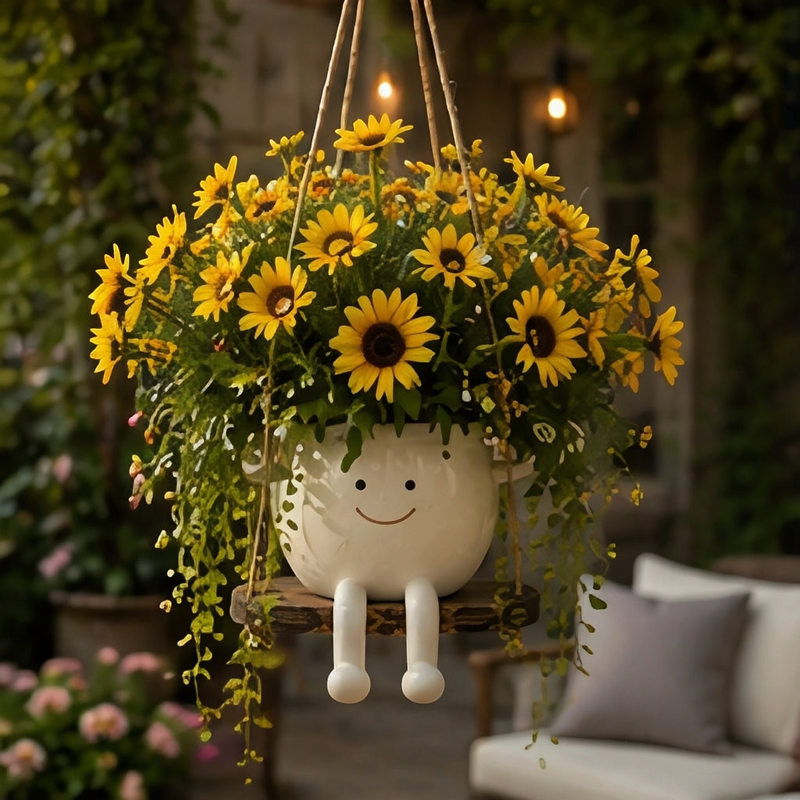Florawipp – Schwingstuhl-Blumentopf mit Smiley-Detail