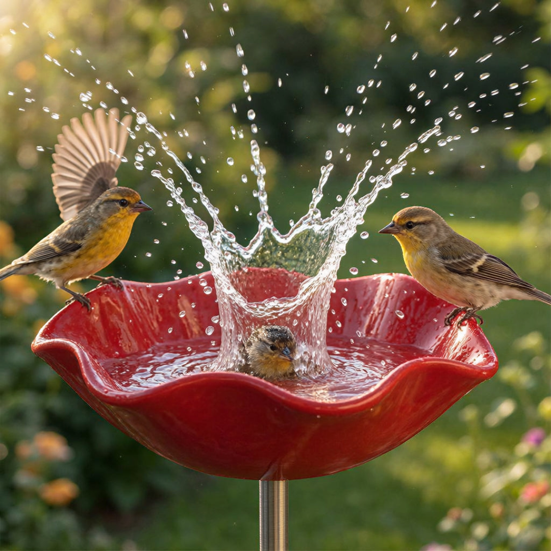 FeatherBloom - Roter Vogelfutterautomat mit Wasserschale
