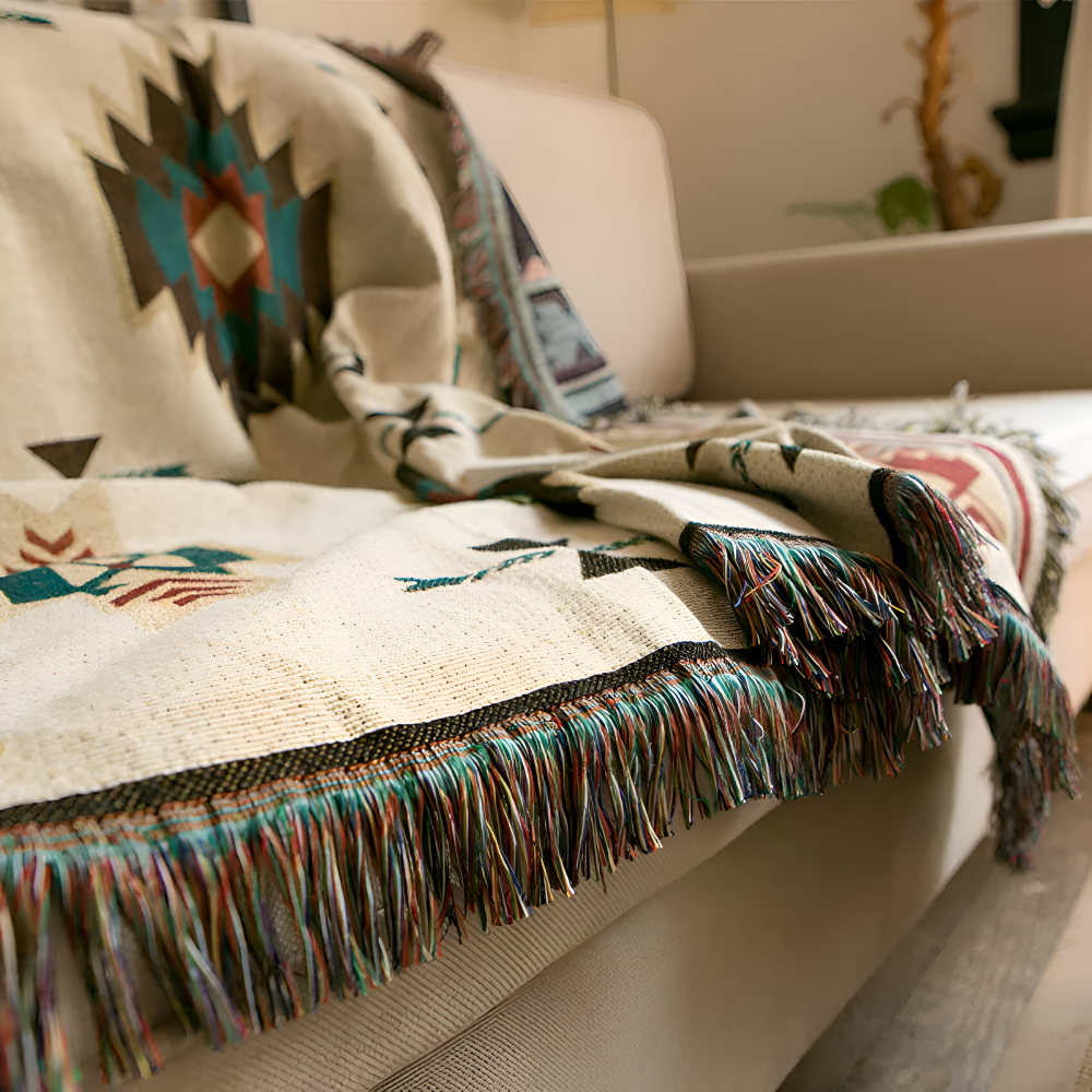 BohoFab Decke - Luxe Boho Blanket Throw - Geometrische Ethnic Tassel Tapestry Decke