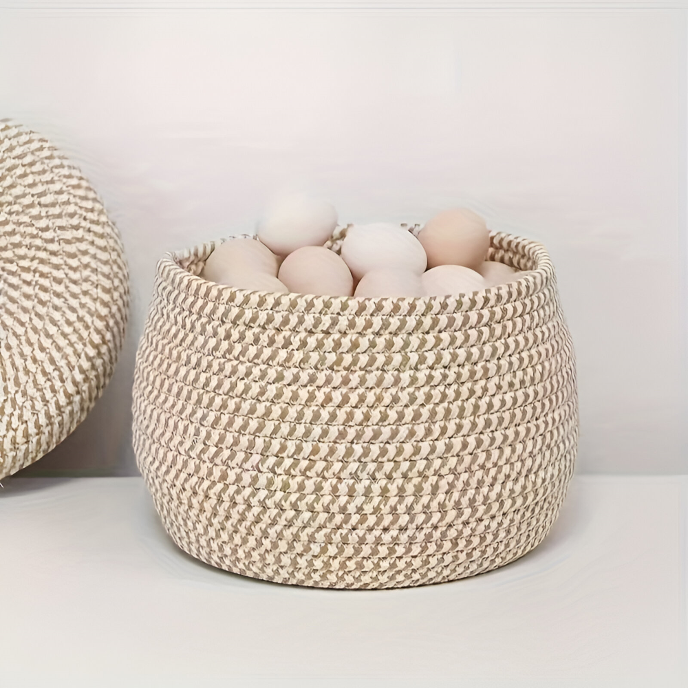 Boho - Aufbewahrungskorb rund mit Deckel aus Jute-Baumwolle