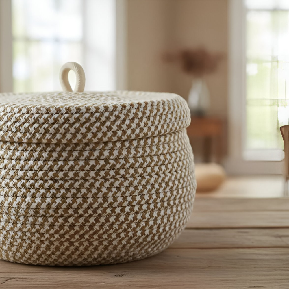 Boho - Aufbewahrungskorb rund mit Deckel aus Jute-Baumwolle