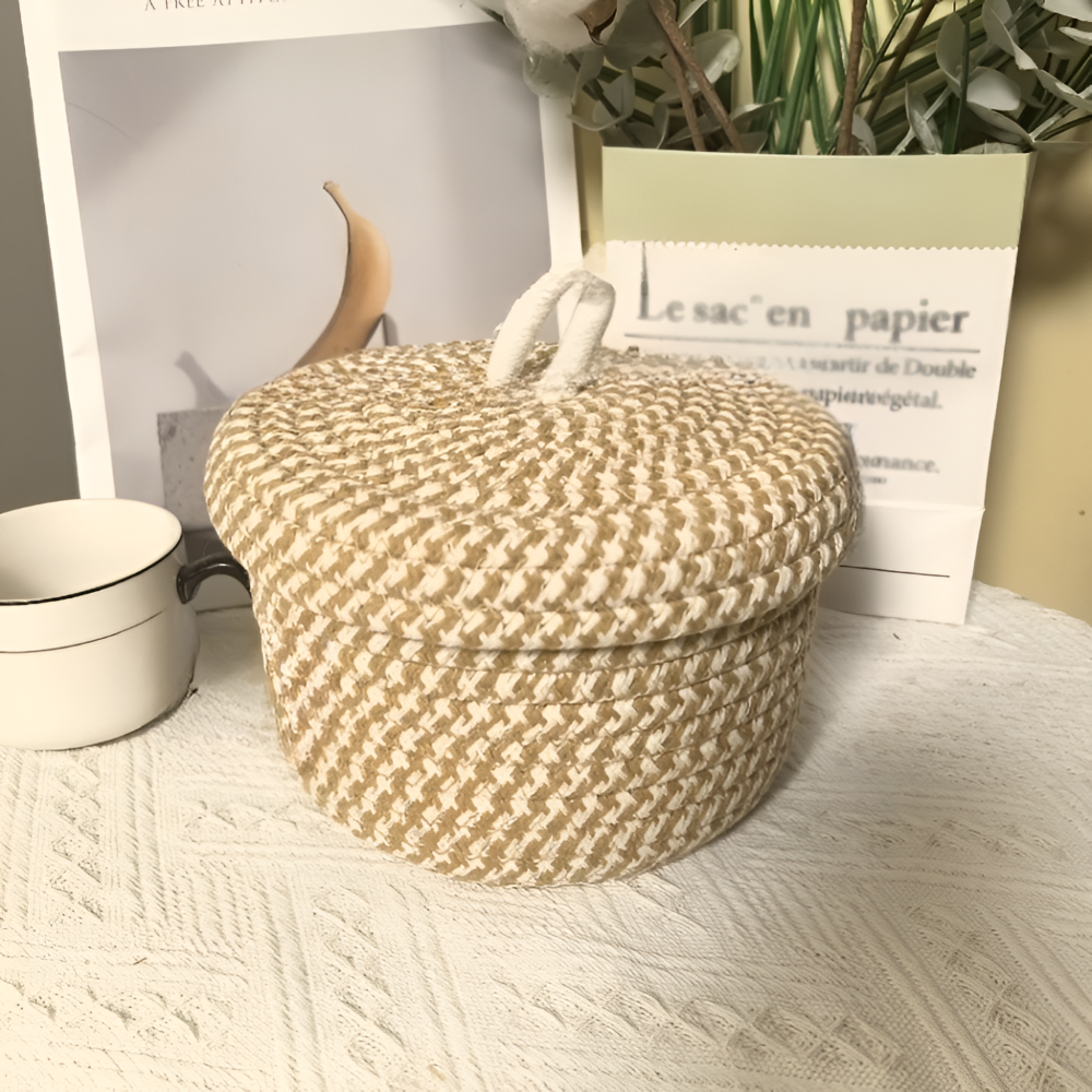 Boho - Aufbewahrungskorb rund mit Deckel aus Jute-Baumwolle