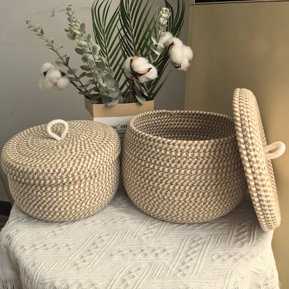 Boho - Aufbewahrungskorb rund mit Deckel aus Jute-Baumwolle