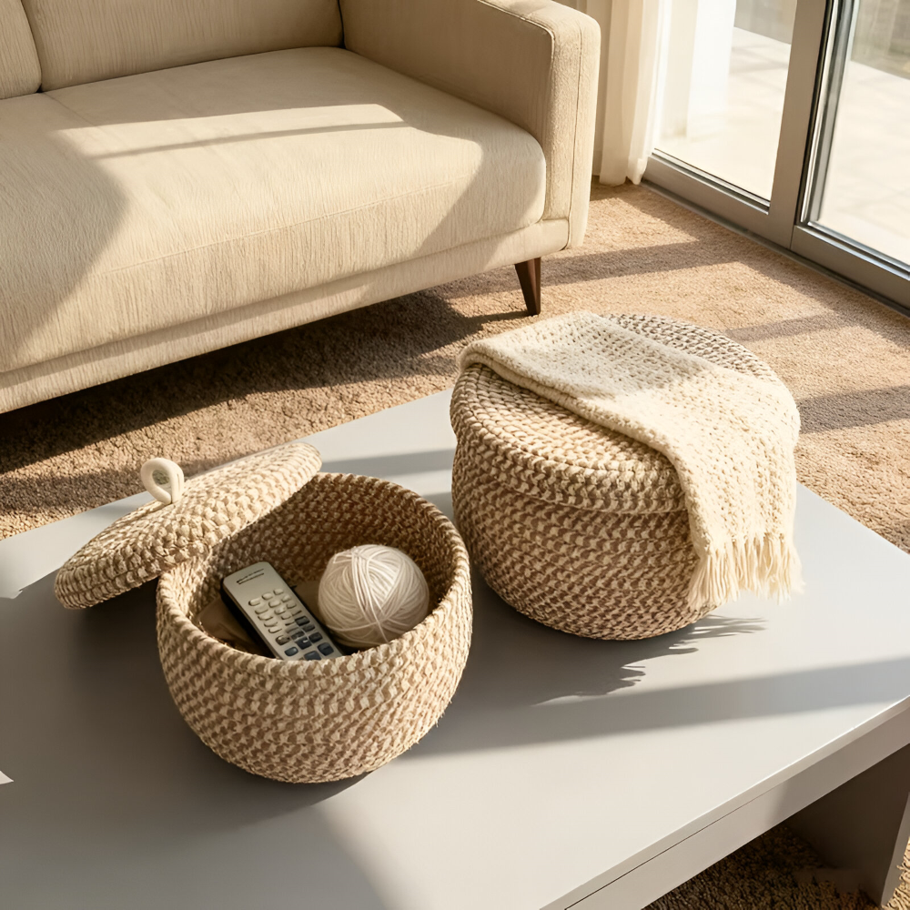 Boho - Aufbewahrungskorb rund mit Deckel aus Jute-Baumwolle