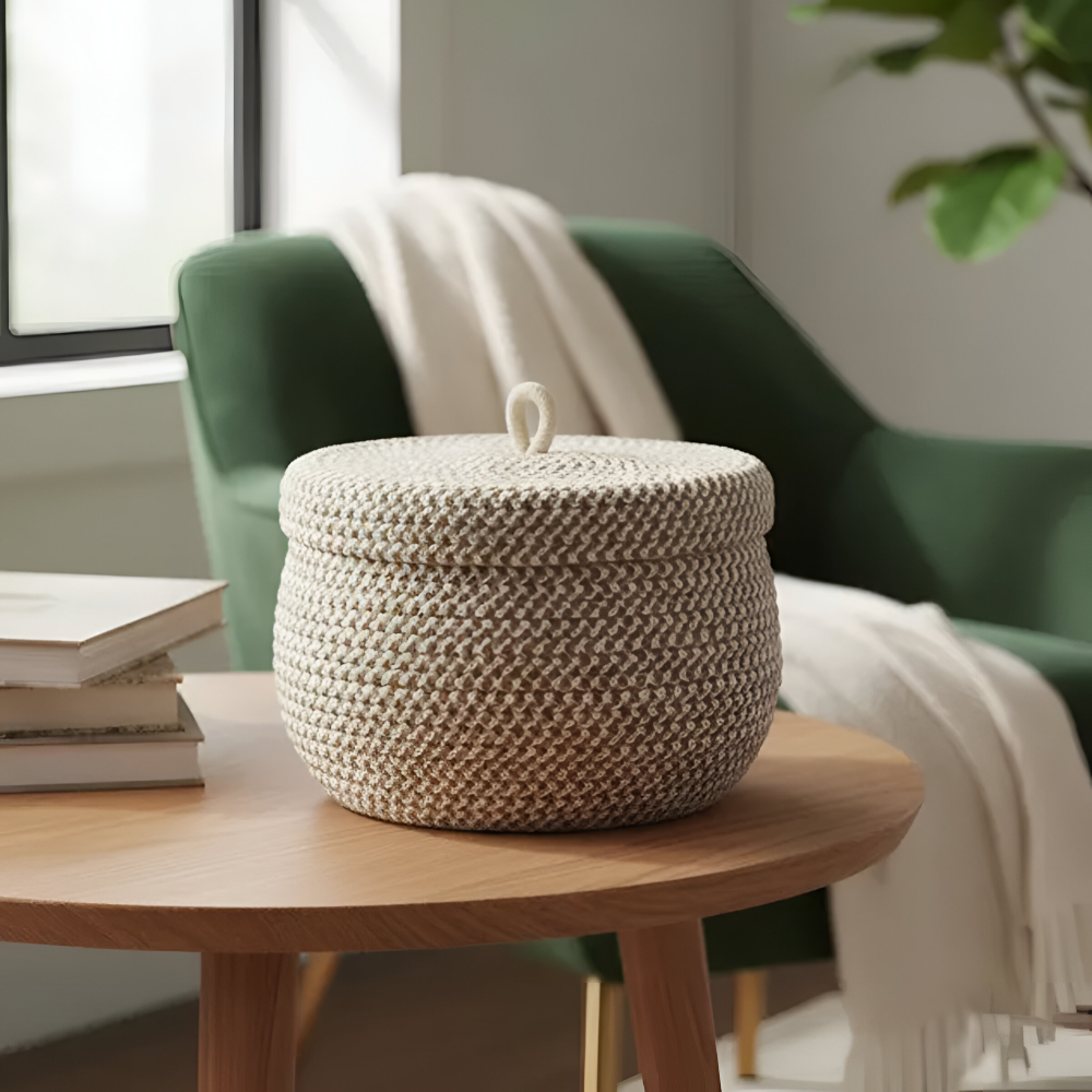 Boho - Aufbewahrungskorb rund mit Deckel aus Jute-Baumwolle