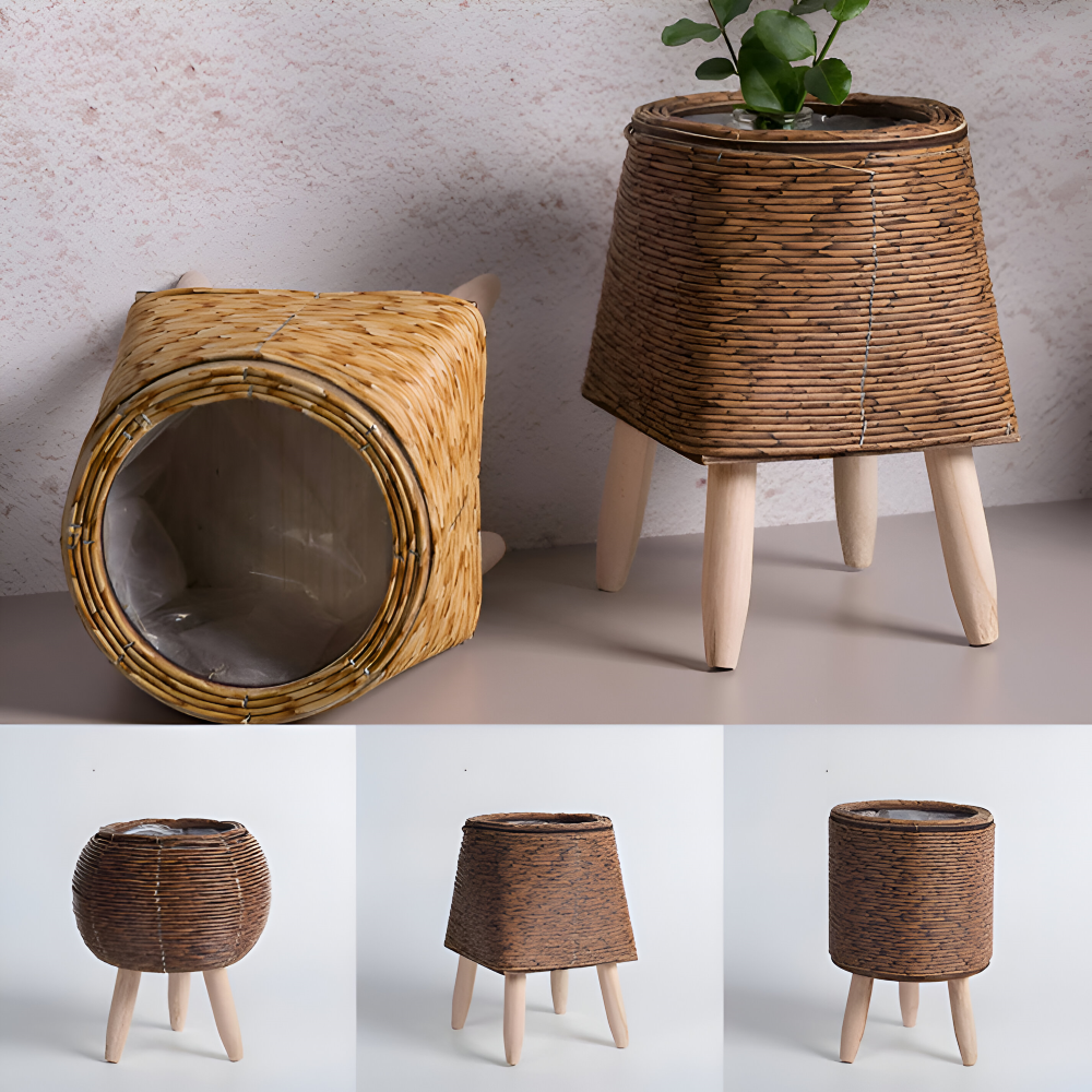 Rattanoptik - Pflanzgefäß mit Holzfüßen
