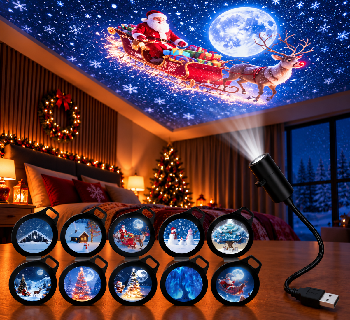 FestiveBeam - USB LED Weihnachtsprojektorlampe mit Festlichen Mustern