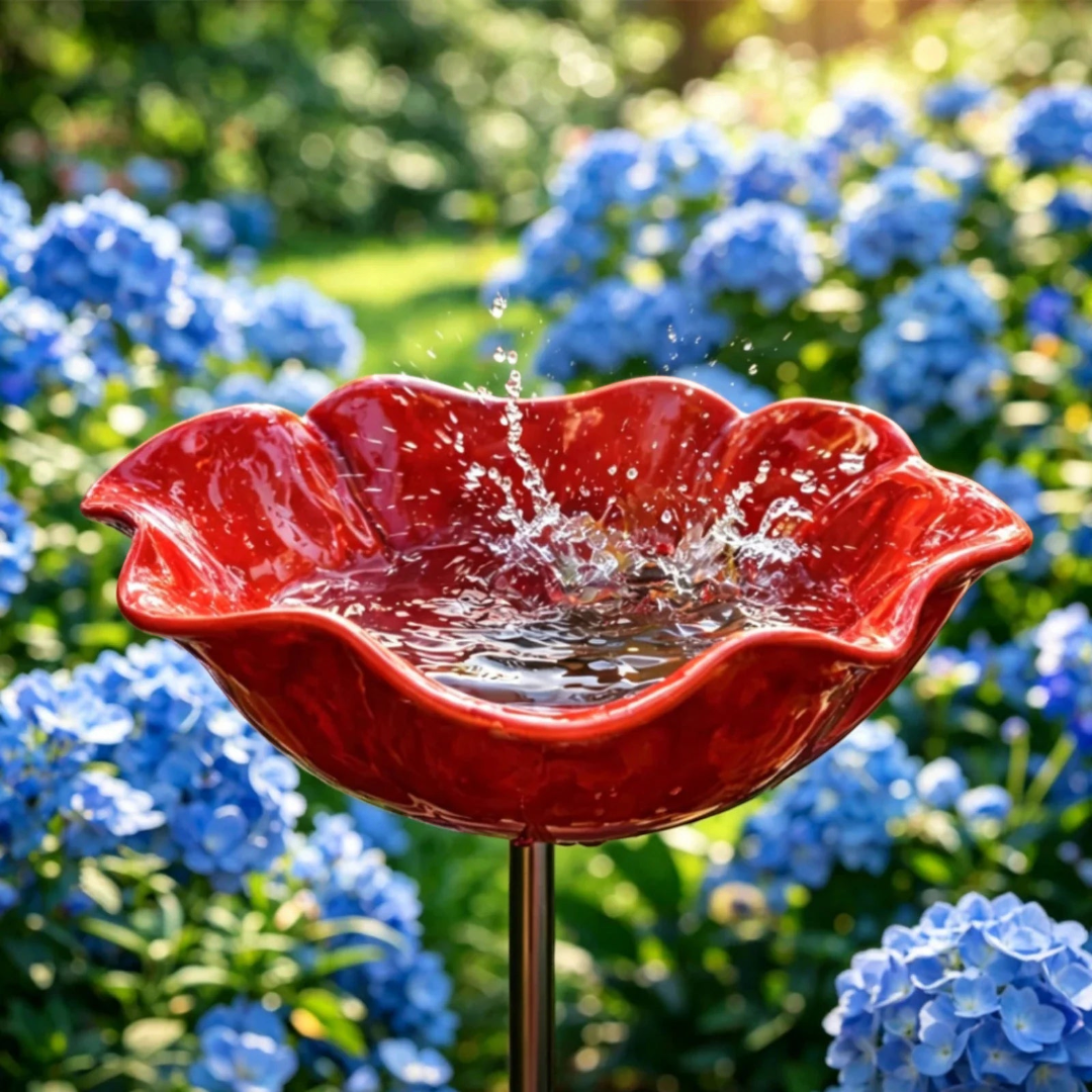 FeatherBloom - Roter Vogelfutterautomat mit Wasserschale