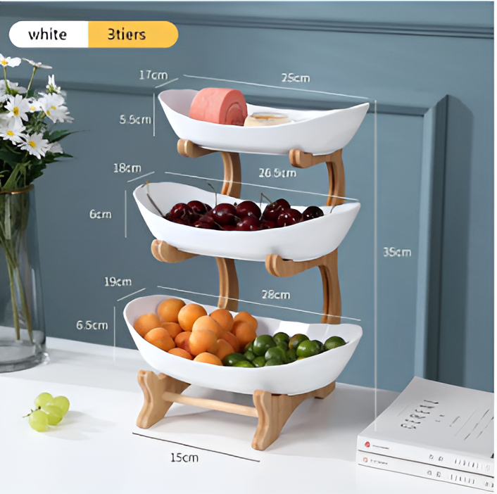 Mehrstöckige - Obstschale mit Holz-Halter