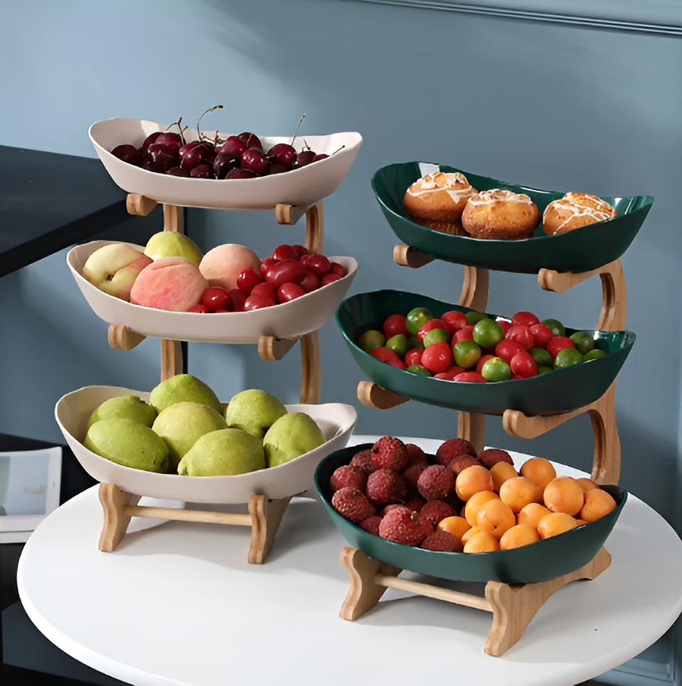 Mehrstöckige - Obstschale mit Holz-Halter