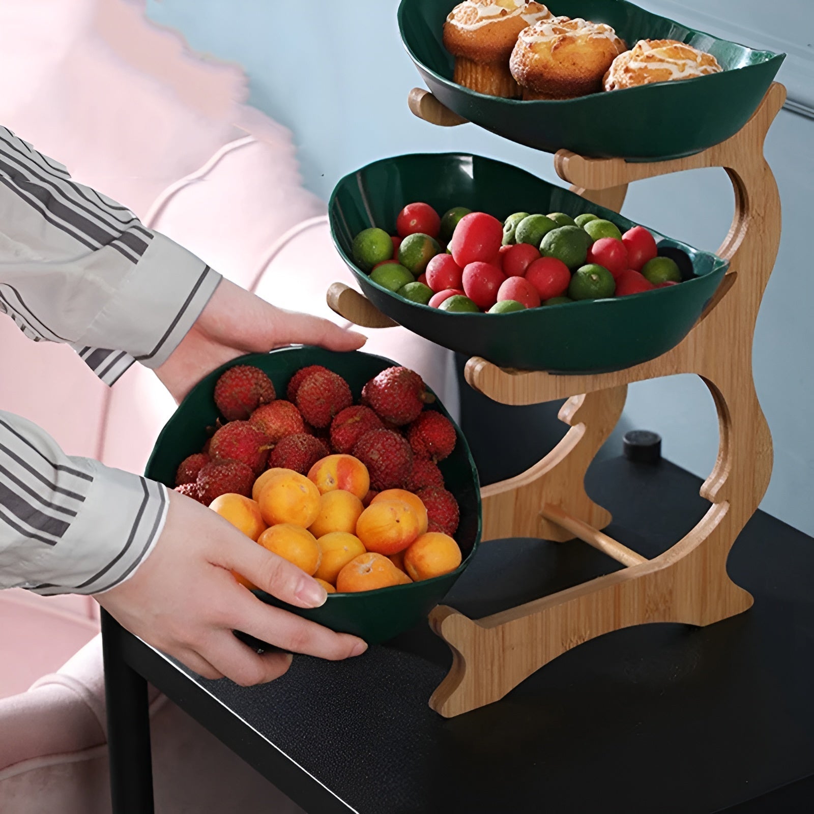 Mehrstöckige - Obstschale mit Holz-Halter