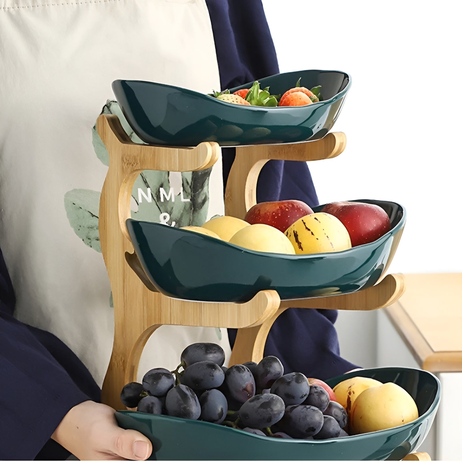 Mehrstöckige - Obstschale mit Holz-Halter