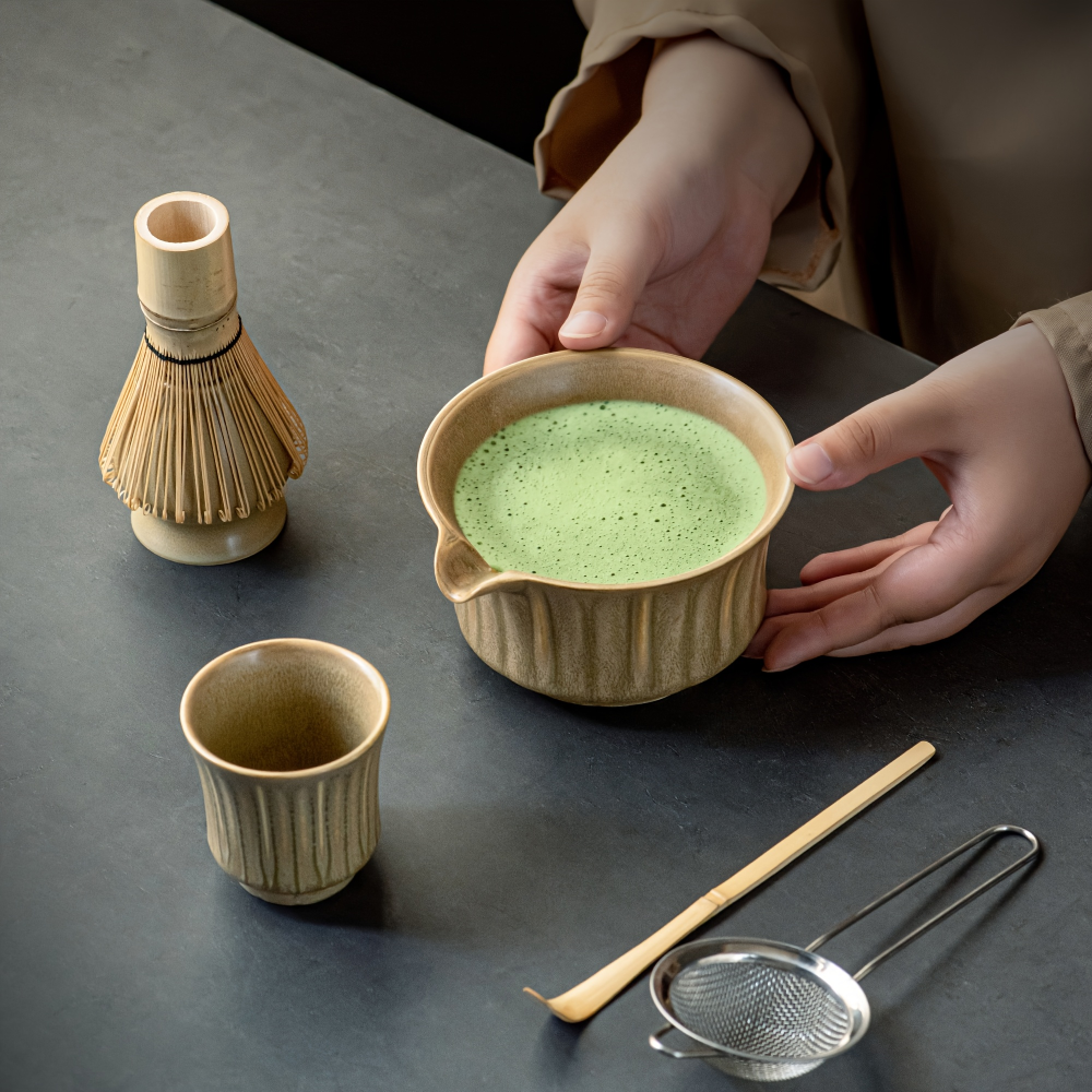 Japanisches - Matcha Tee Set 6-teilig aus Keramik & Bambus