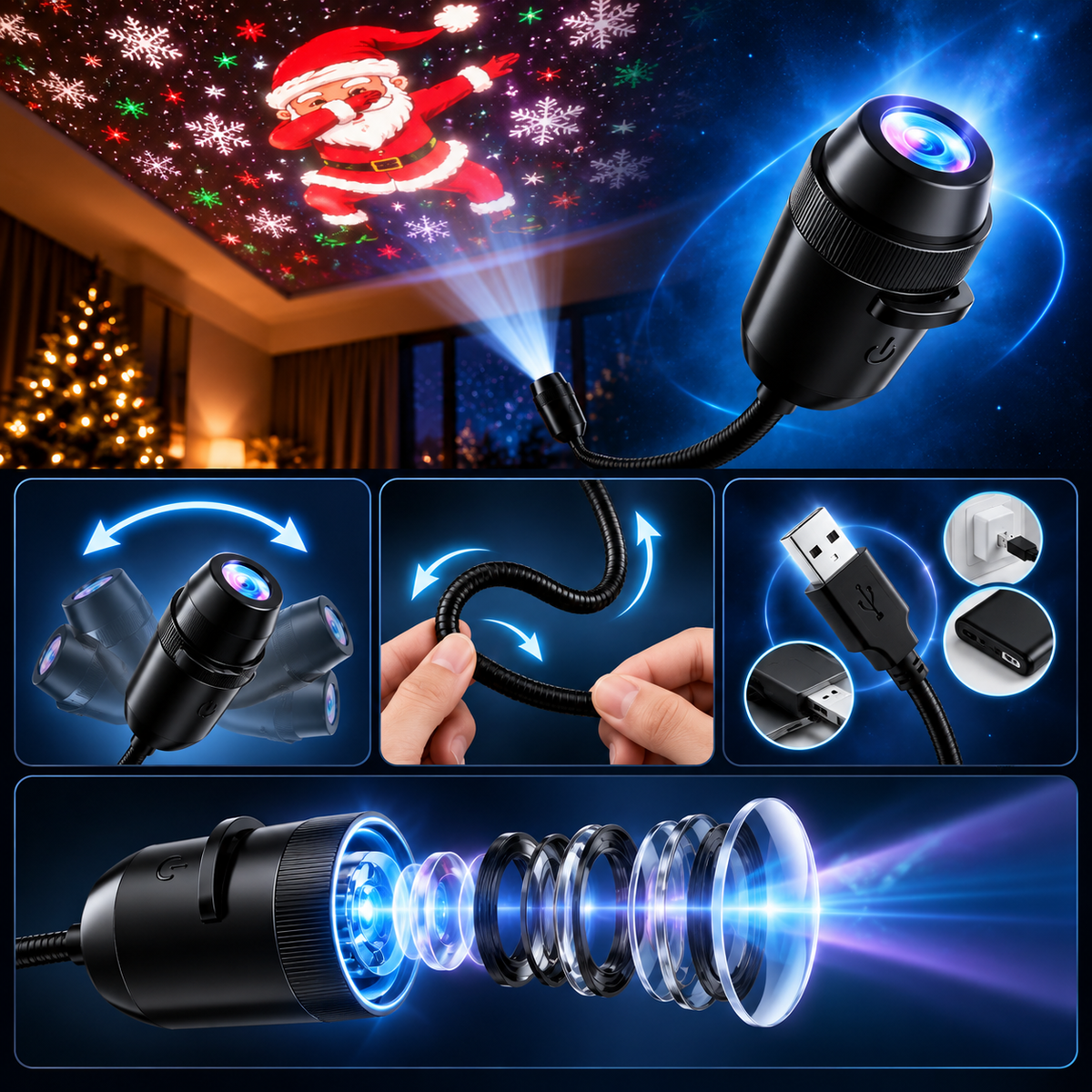 FestiveBeam - USB LED Weihnachtsprojektorlampe mit Festlichen Mustern