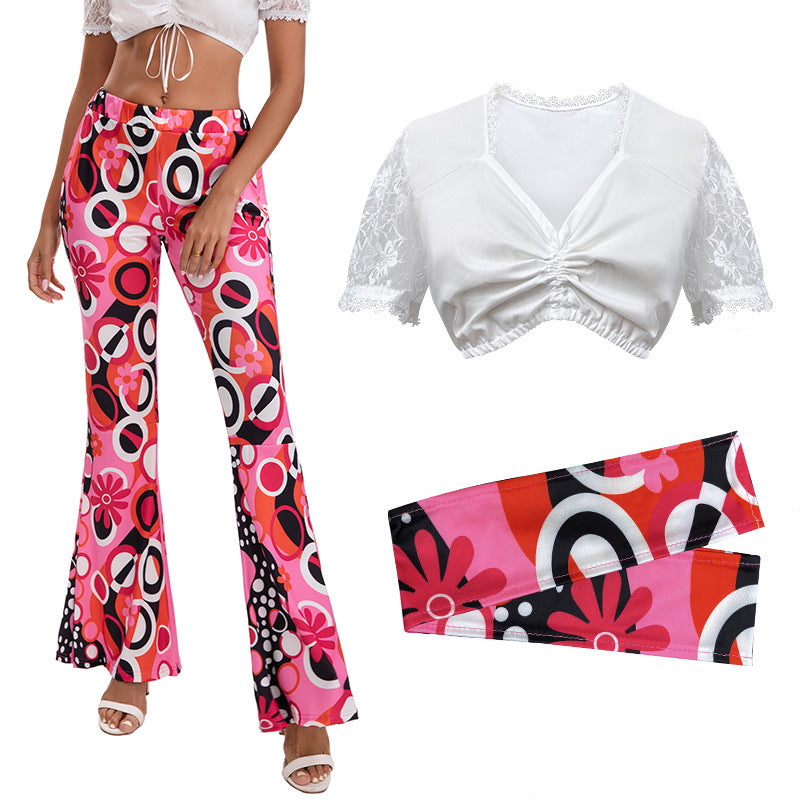 Damen Retro Schlaghose Set mit Spitzen-Top