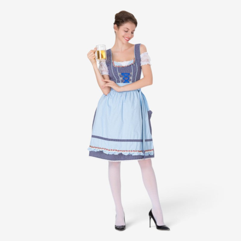 Damen Trachten-Dirndl mit gepunktetem Mieder und Rüschen-Schürze
